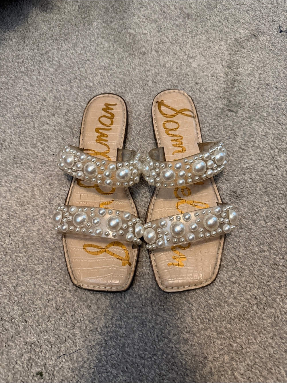 Sam Edelman Nude Pearl-Embellished Double-Strap Slide Sandals
